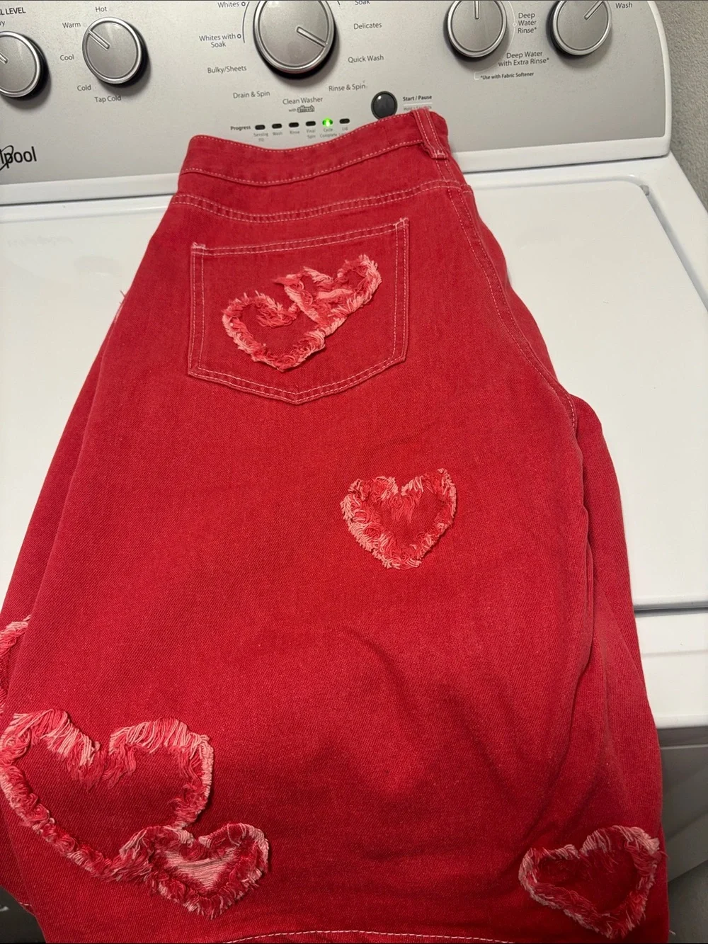 Fashion Nova red Denim Jorts  with Heart Patch - Picture 6 of 8